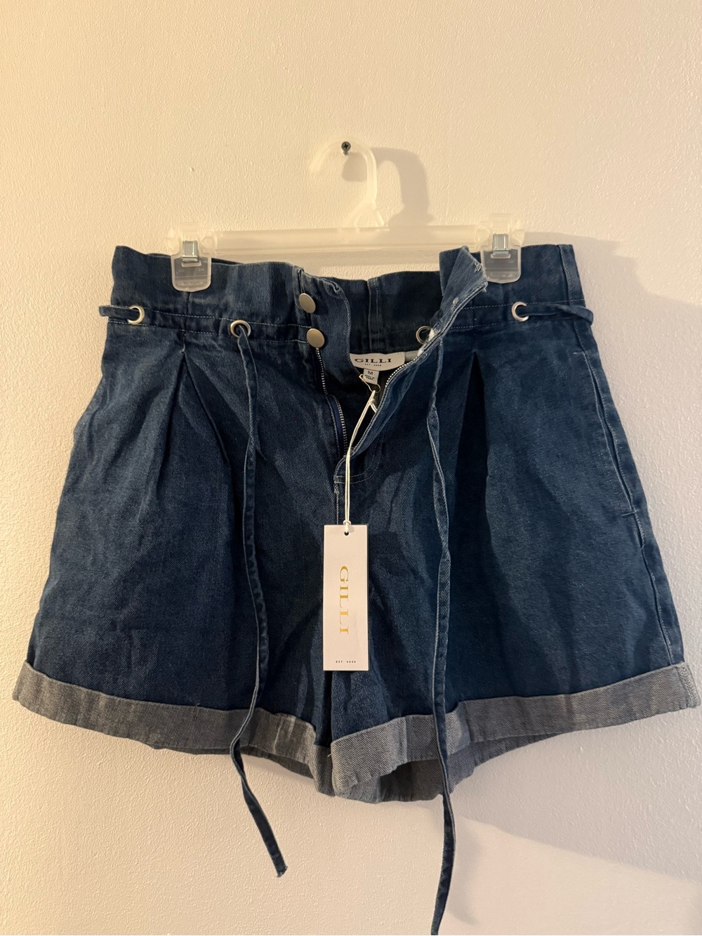 Gilli Dark Navy Paperbag Denim Shorts with Drawstring